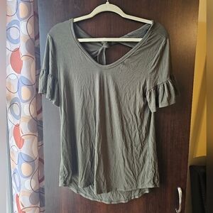 Emerald Olive Green Ruffle Sleeve Blouse With Back Tie